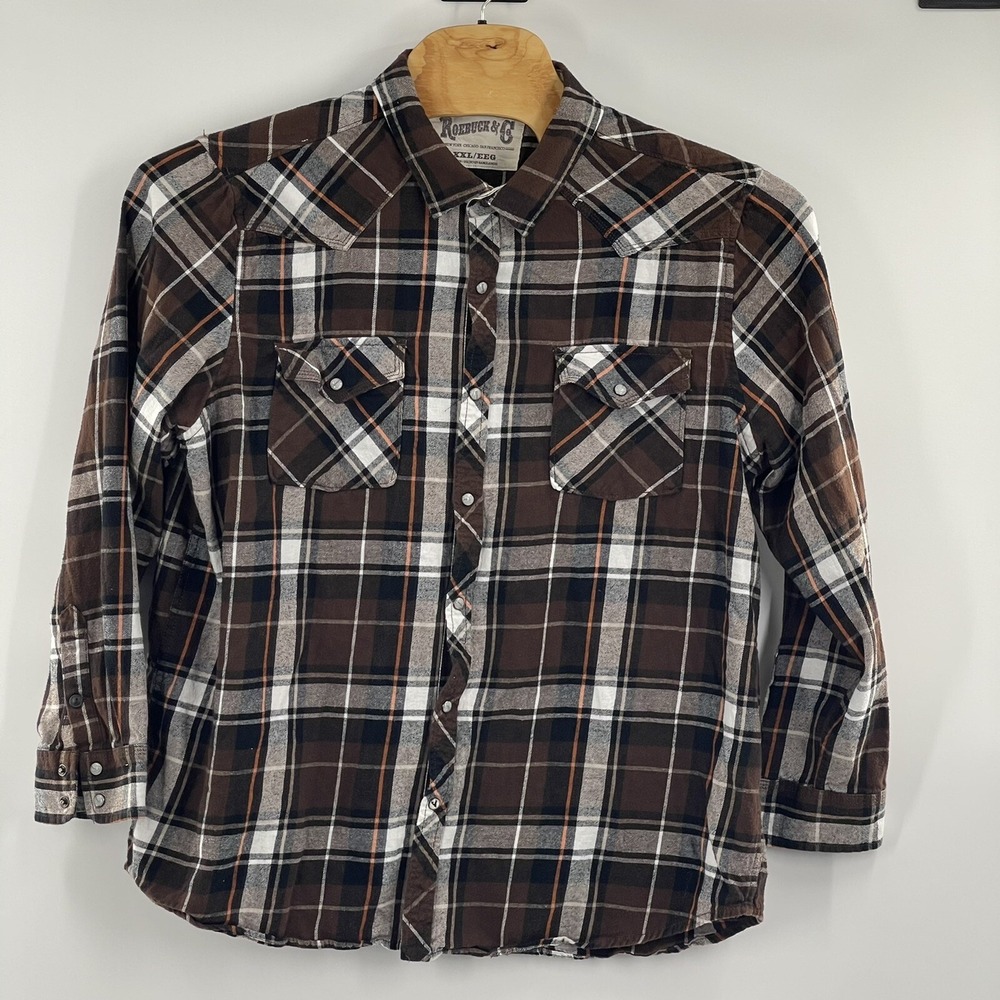 Roebuck Co Pearl Snap Flannel Shirt Mens Size ‎ XXL Brown Plaid Western Outdoor